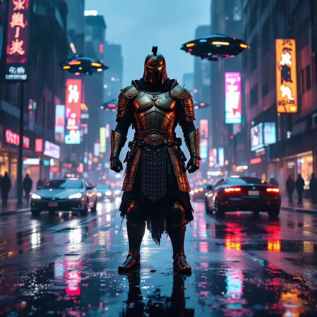Ancient Warrior in Futuristic Neon City