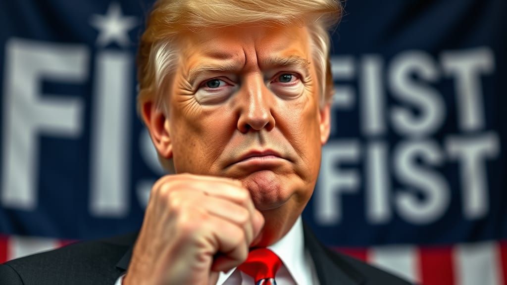 Angry Donald Trump Raising Fist in Front of the American Fla...