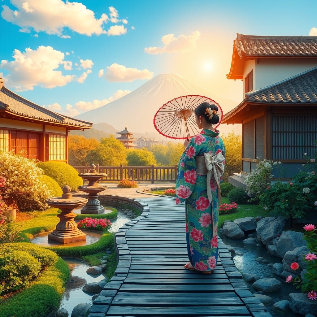Japanese Woman in Vibrant Kimono Adorns Serene Garden