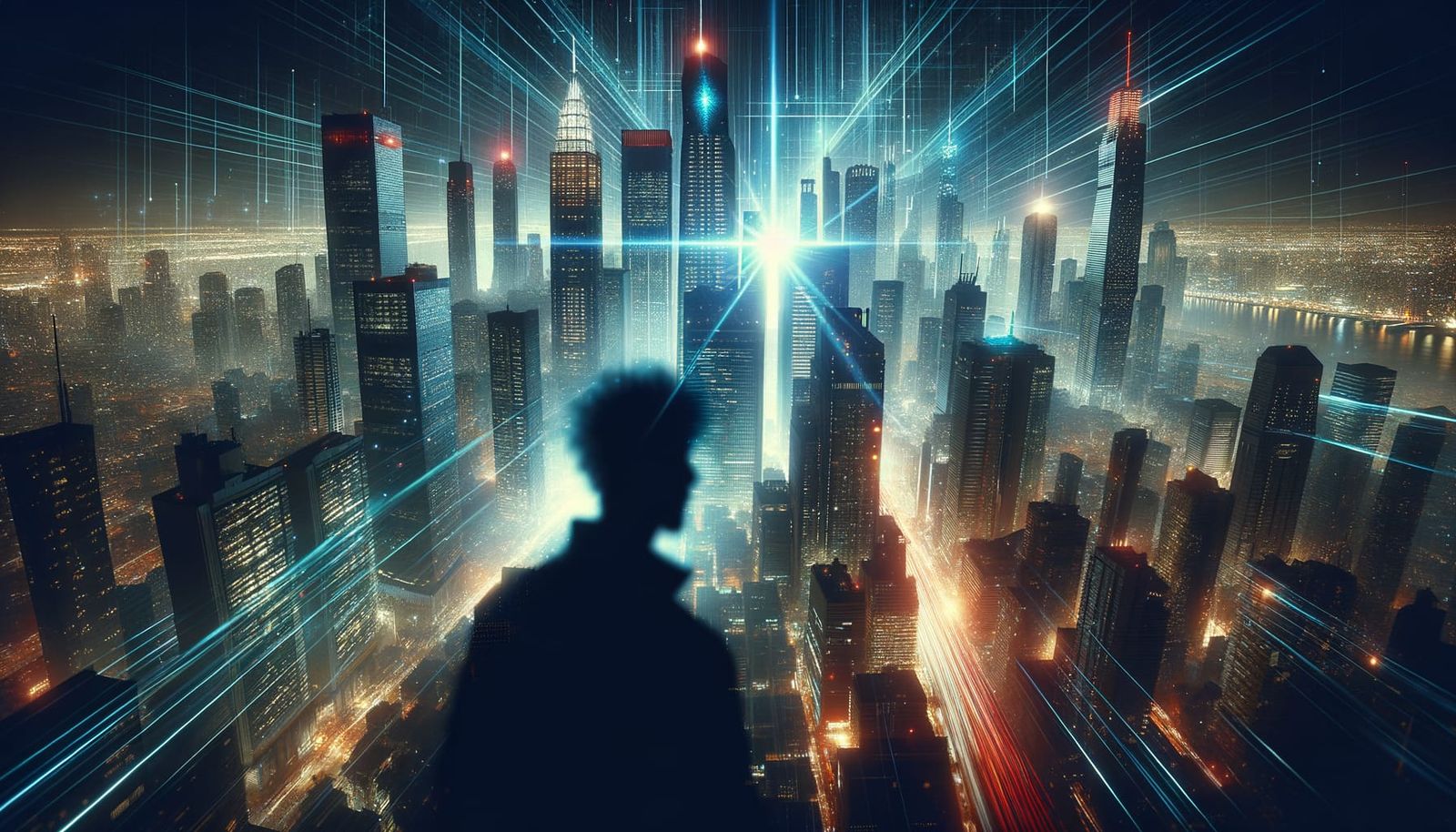 Cyberpunk Cityscape at Night with Shadow Silhouette