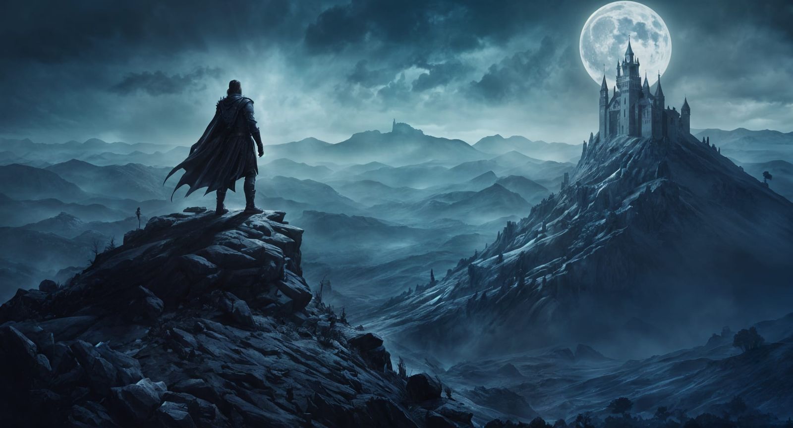 Lone Knight on Mountain Peak in Dark Fantasy Style