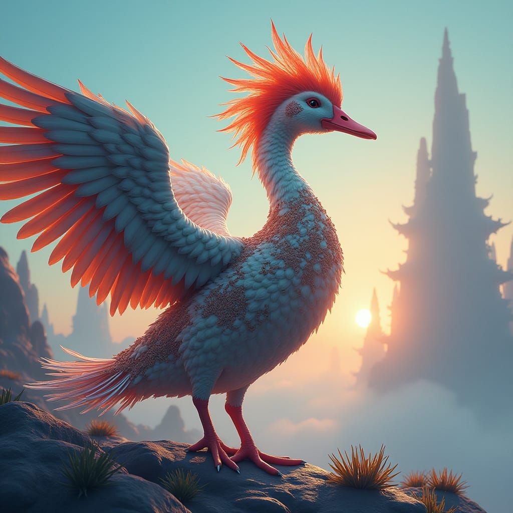 Majestic God Duck in a Surreal Sci-Fi Landscape