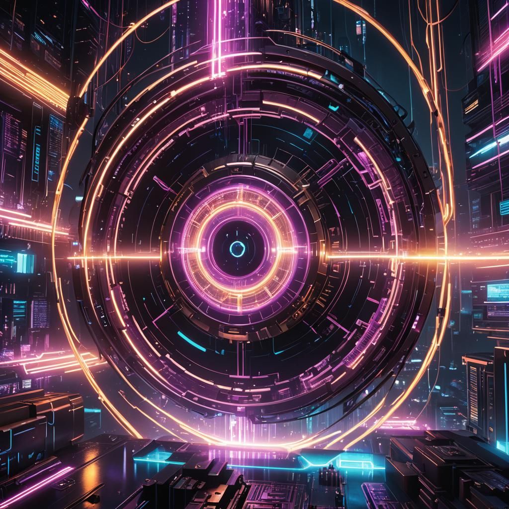 Futuristic Data Core with Neon Cityscape: Cyberpunk Art