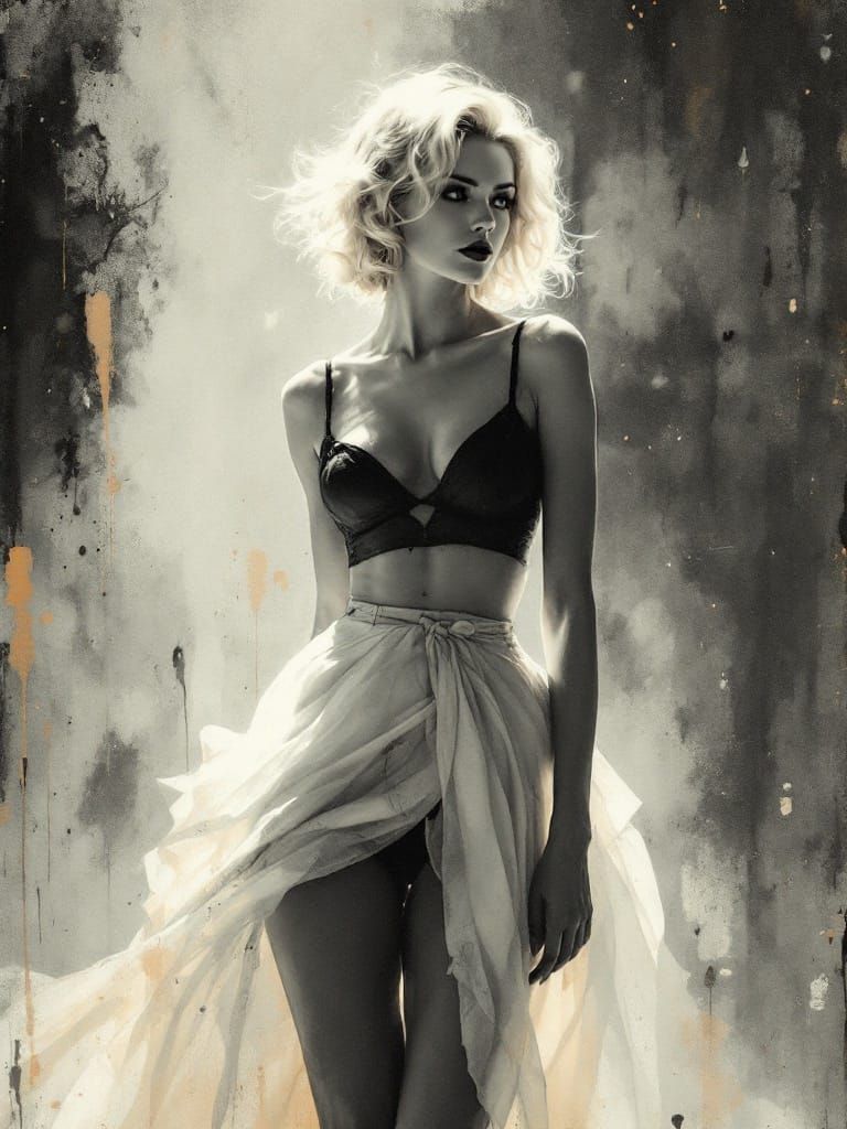 Blonde Woman Portrait with Watercolor Ink Bleed