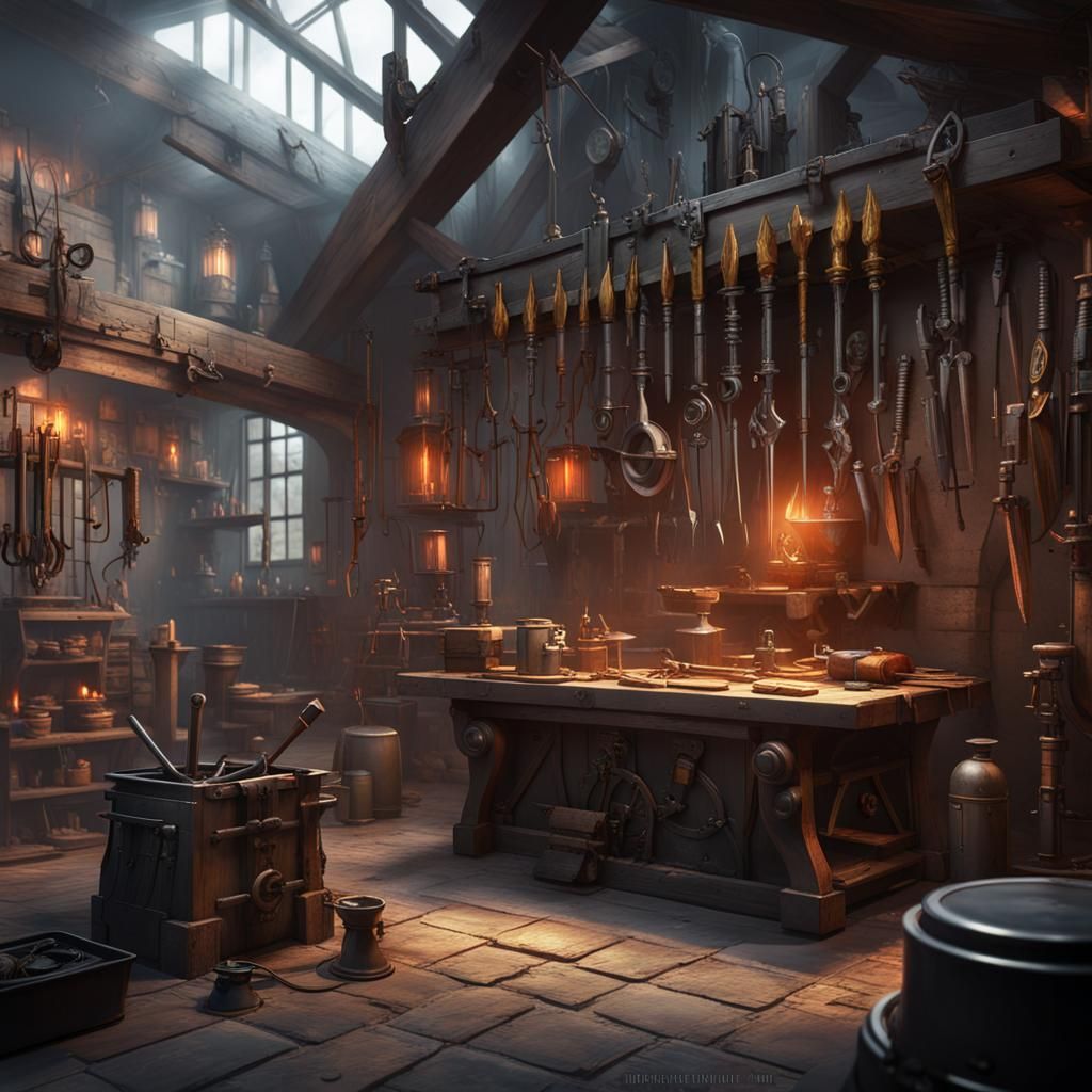 Futuristic Blacksmith Shop with Hovering Tools, 8K