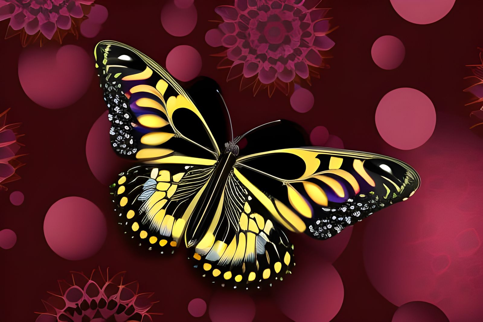 Butterfly on Flowers: Black and Gold Vector Portrait