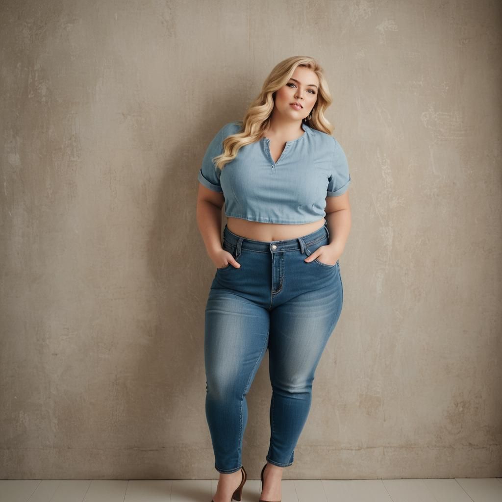 Glamorous Portrait of Blonde Woman in Blue Jeans