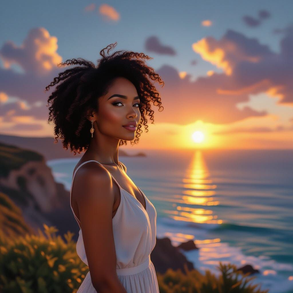 Empowered Melanated Woman on Sunlit Cliff Overlooking Ocean