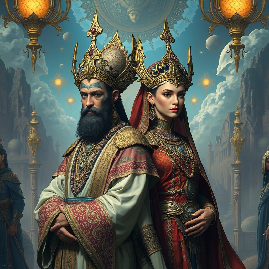 Regal Figures in a Surreal Futuristic Landscape
