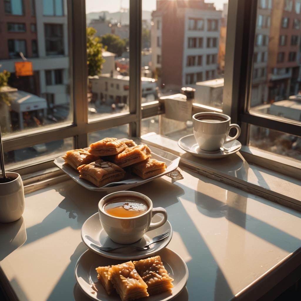 Cafe Crema and Baklava in Cinematic Sunlight