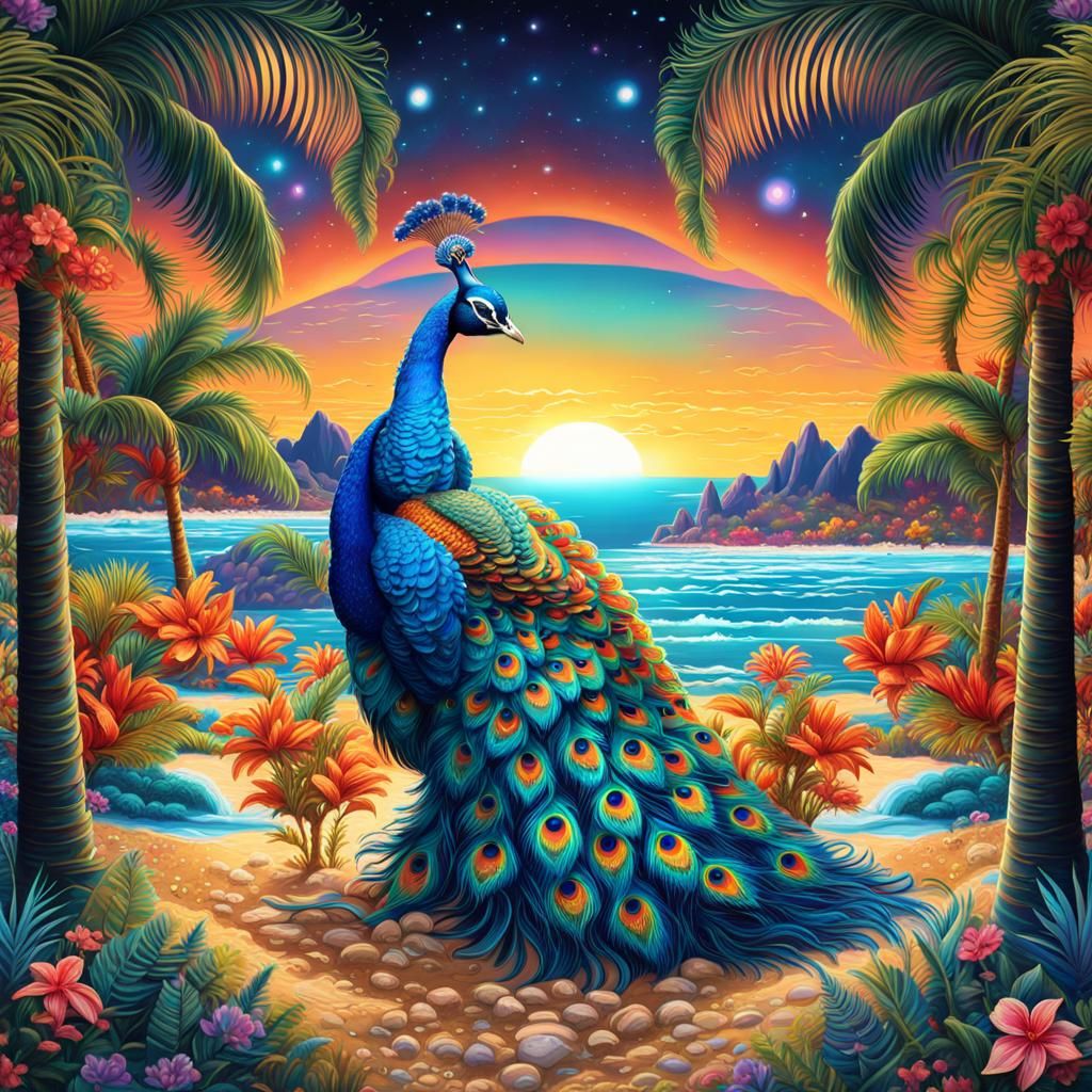 Cyberpunk Pixel Art: Island Paradise with Peacock
