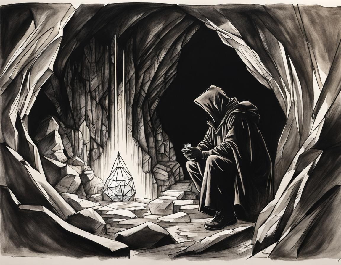 Thief in Crystal Cave: Black and White Ink Sketch