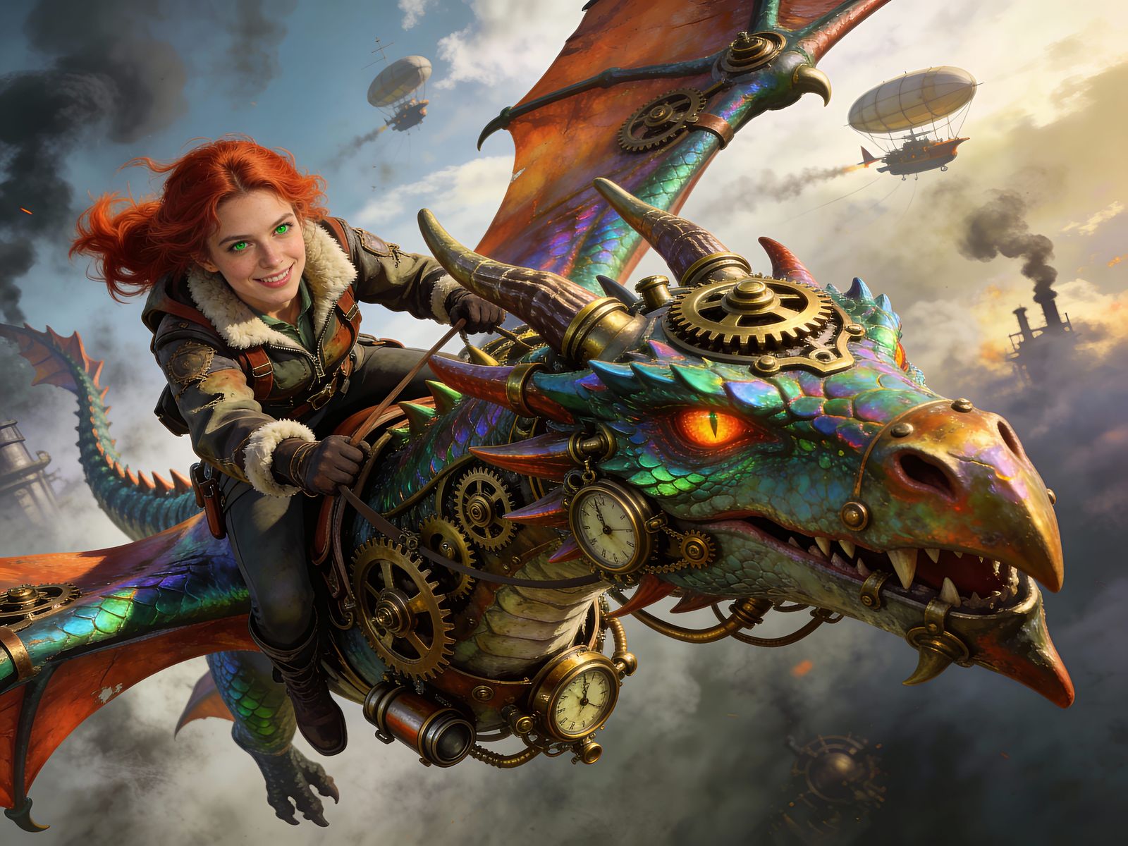 Steampunk Dragon Rider Woman Dives in Dark Fantasy Style
