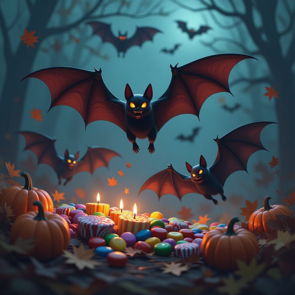 Spooky Halloween Bats and Candy in Realistic Style