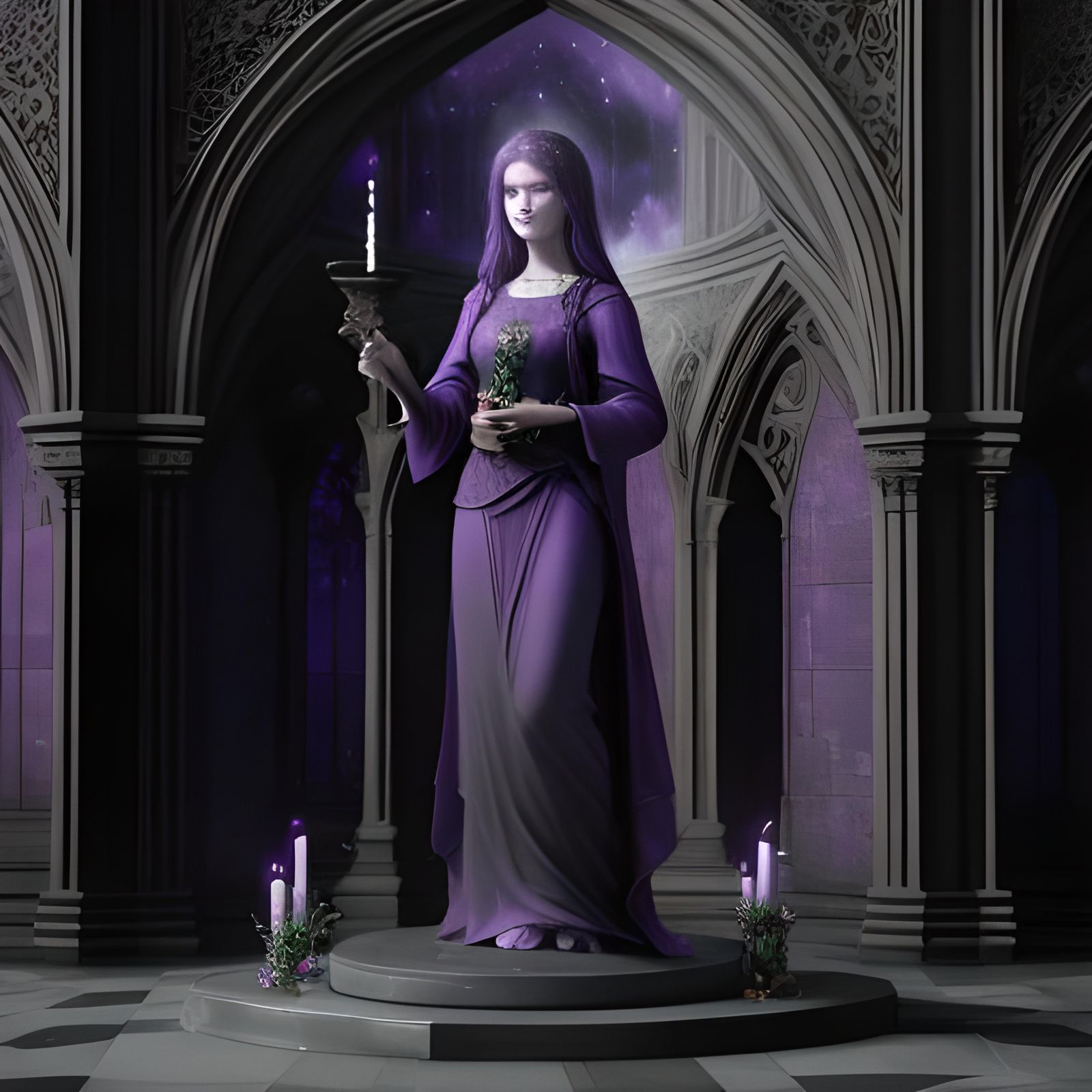 Ethereal Wiccan Witch Garden with beautiful flowers& Beautiful Gothic Rose archways&  a beautiful Goddess statue in the ...