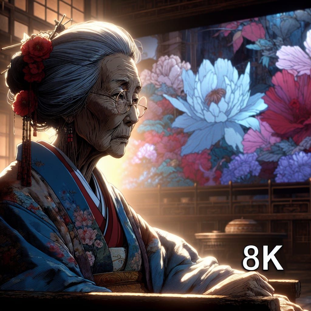 Melancholic Old Woman in Japanese Art Style