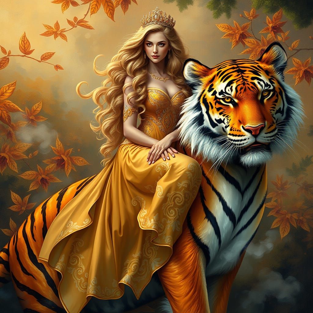 Ethereal Goddess Rides Majestic Tiger in Golden Splendor