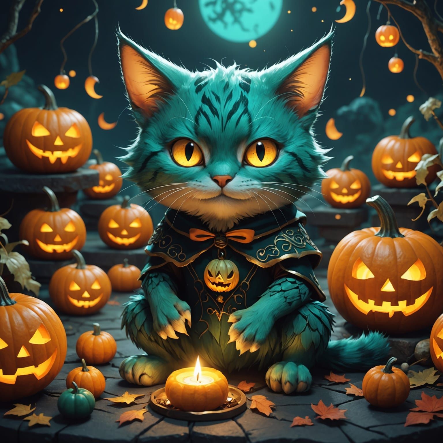 Teal Goblin Cat Surrounded by Jack-o'-Lanterns