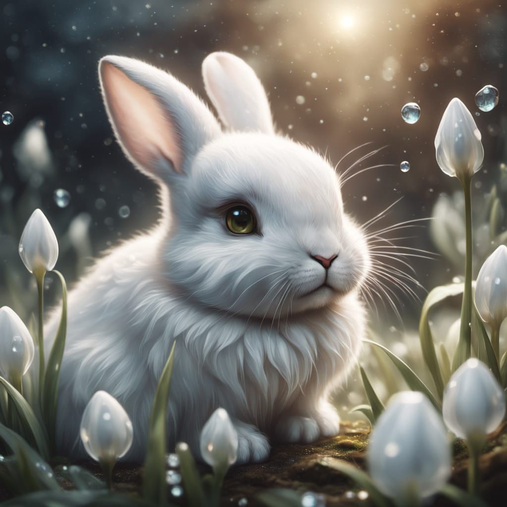 Baby Rabbit Sleeps Under Snowdrop in Enchanting Fantasy Styl...