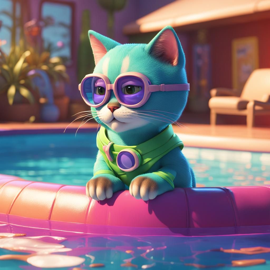 Cat Swims in Pool: 3D Digital Art