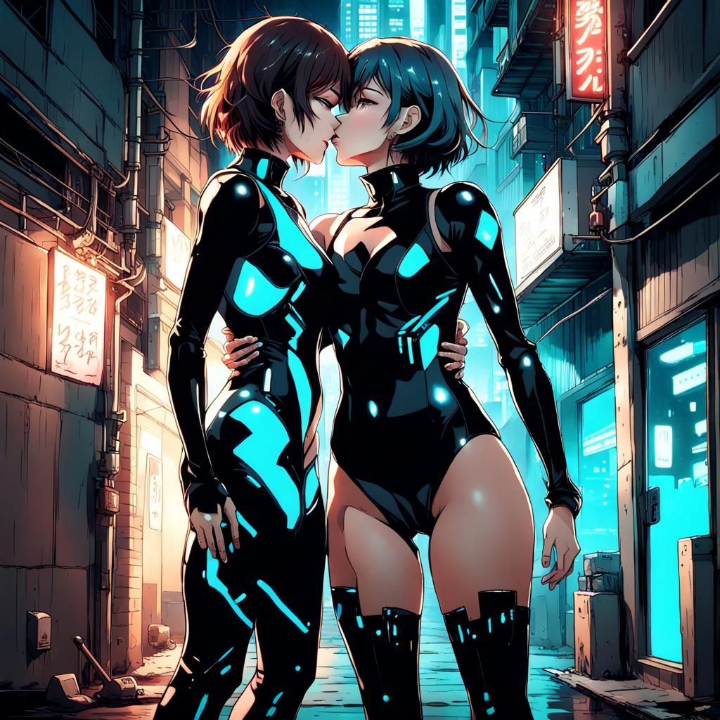Cyberpunk Embrace: Anime-Style Women in Futuristic City