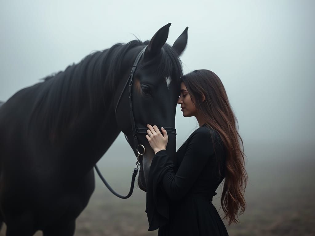 Woman in Solemn Reverence with Majestic Black Horse in Foggy...