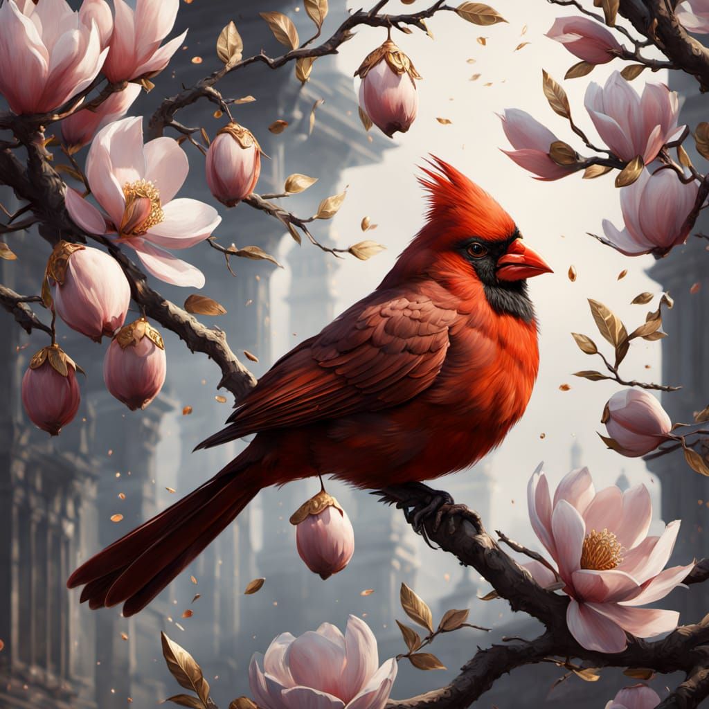 Vibrant Oil Painting of Cardinal on Blooming Magnolia Tree