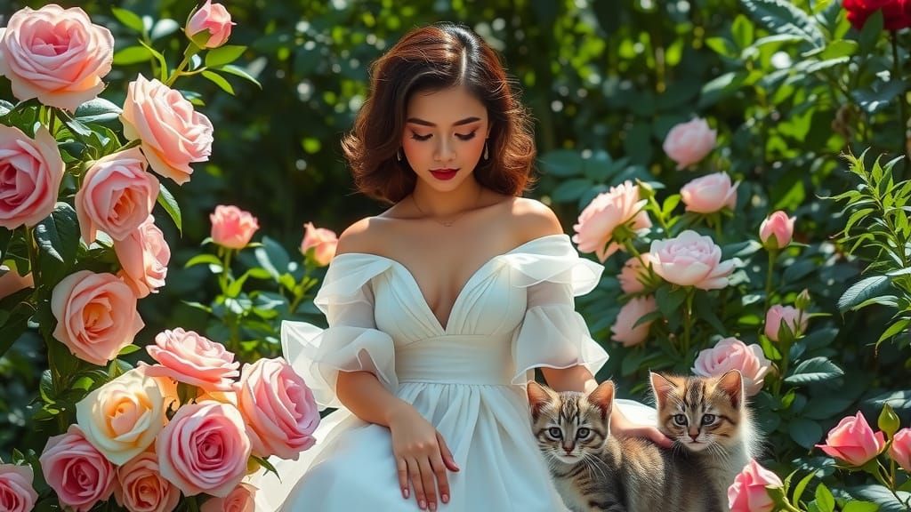 Woman with Kittens in Art Nouveau Garden