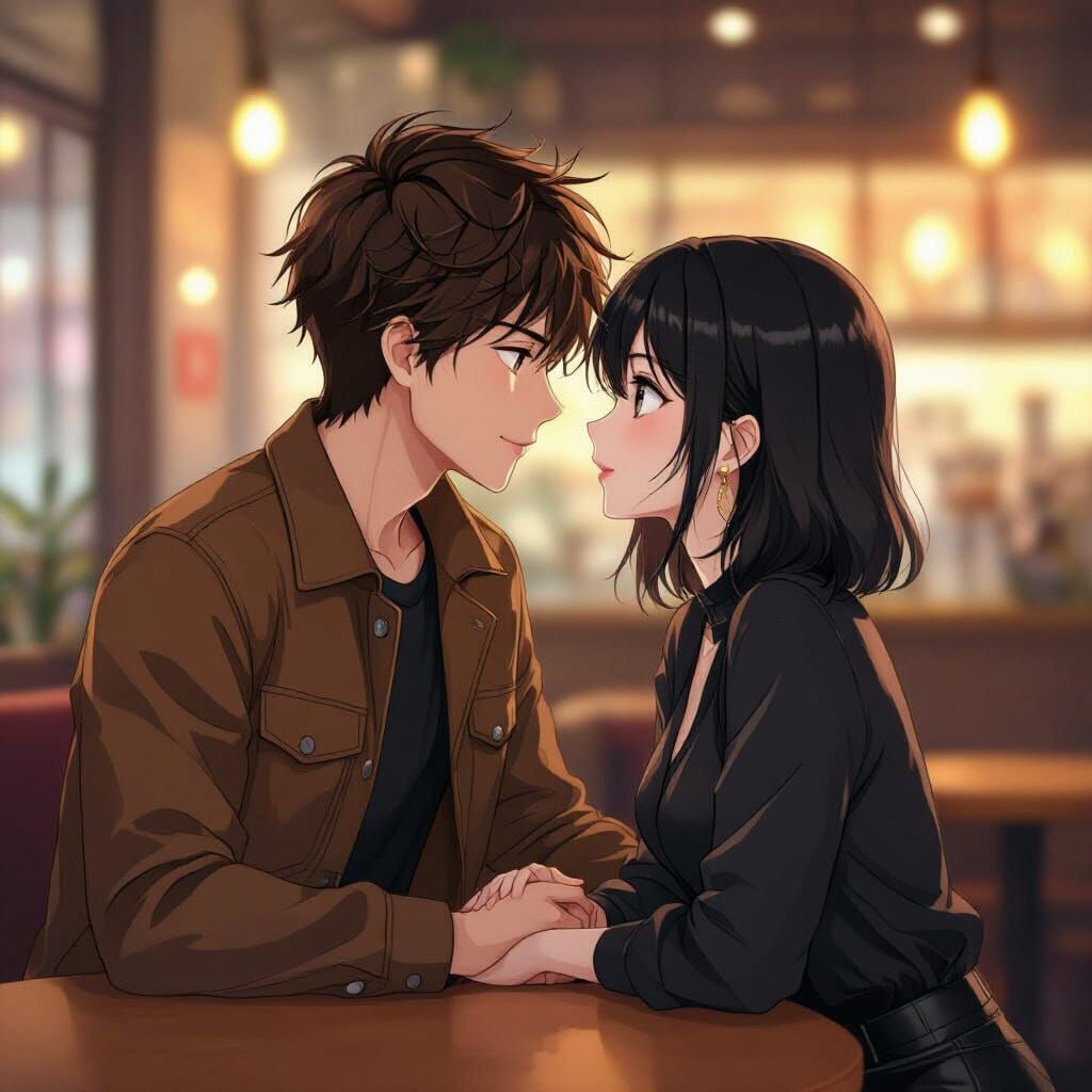 Anime Couple in Cozy Cafe, Romantic Moment