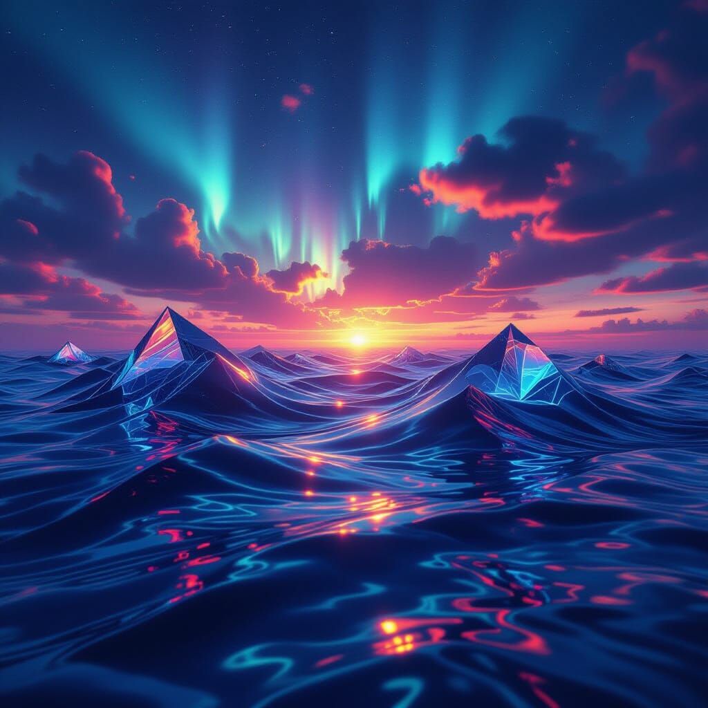 Surreal Metallic Ocean with Aurora Sky
