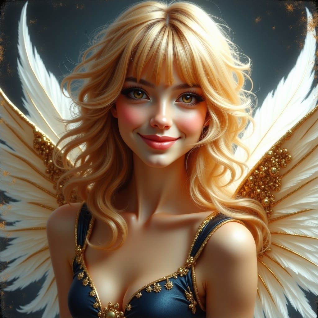 Fairy female smiling, blonde wavy hair bangs, white gold wings, dark blue gold dress, pretty face, pretty features, b...
