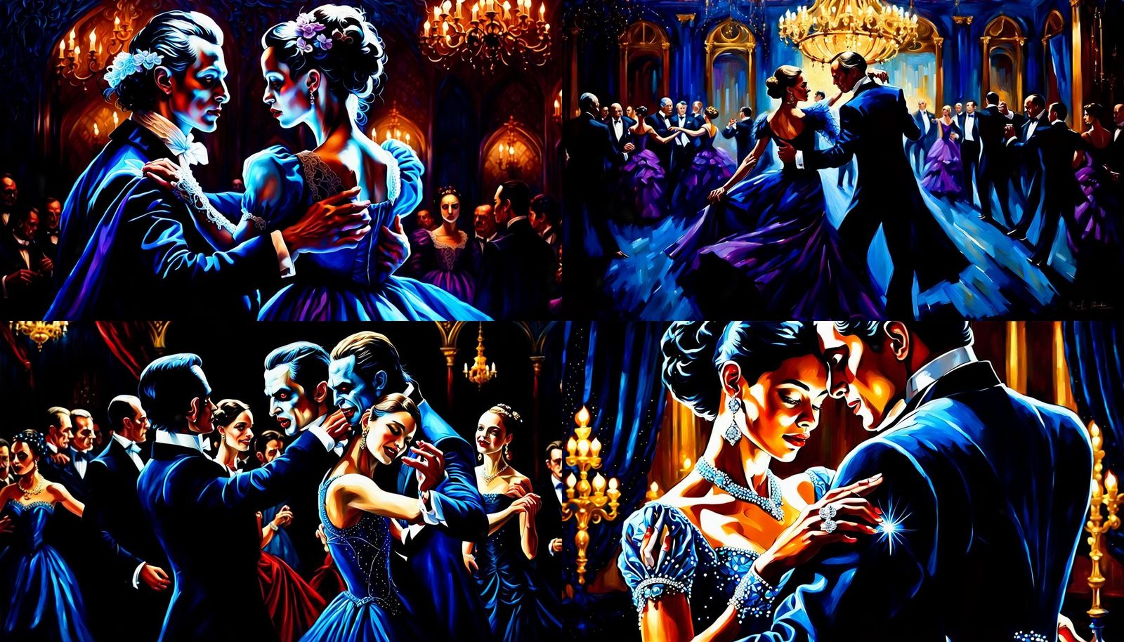 Blue Vampire Couples Dancing: Hyperrealistic Oil Painting