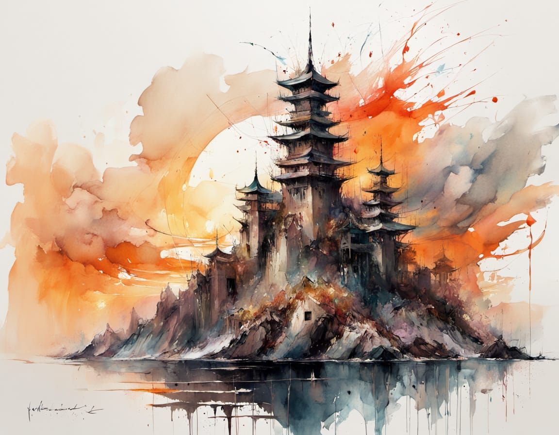 Gothic Fortress Island in Stormy Sunset