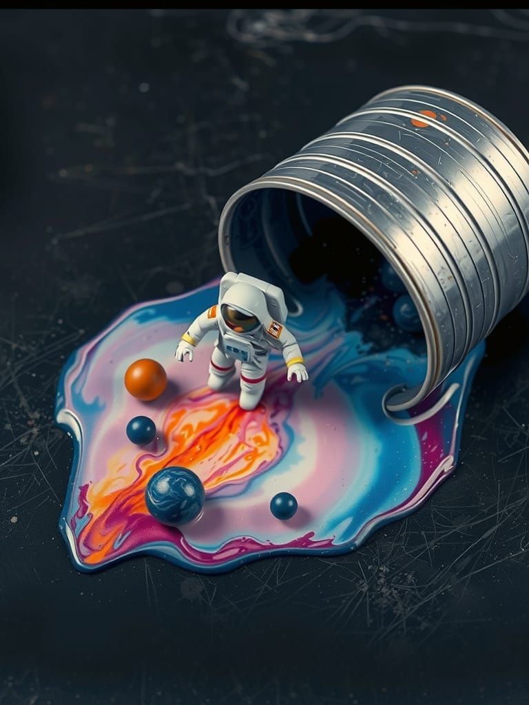 Astronaut Walking on Cosmic Paint Explosion in Futuristic Sp...