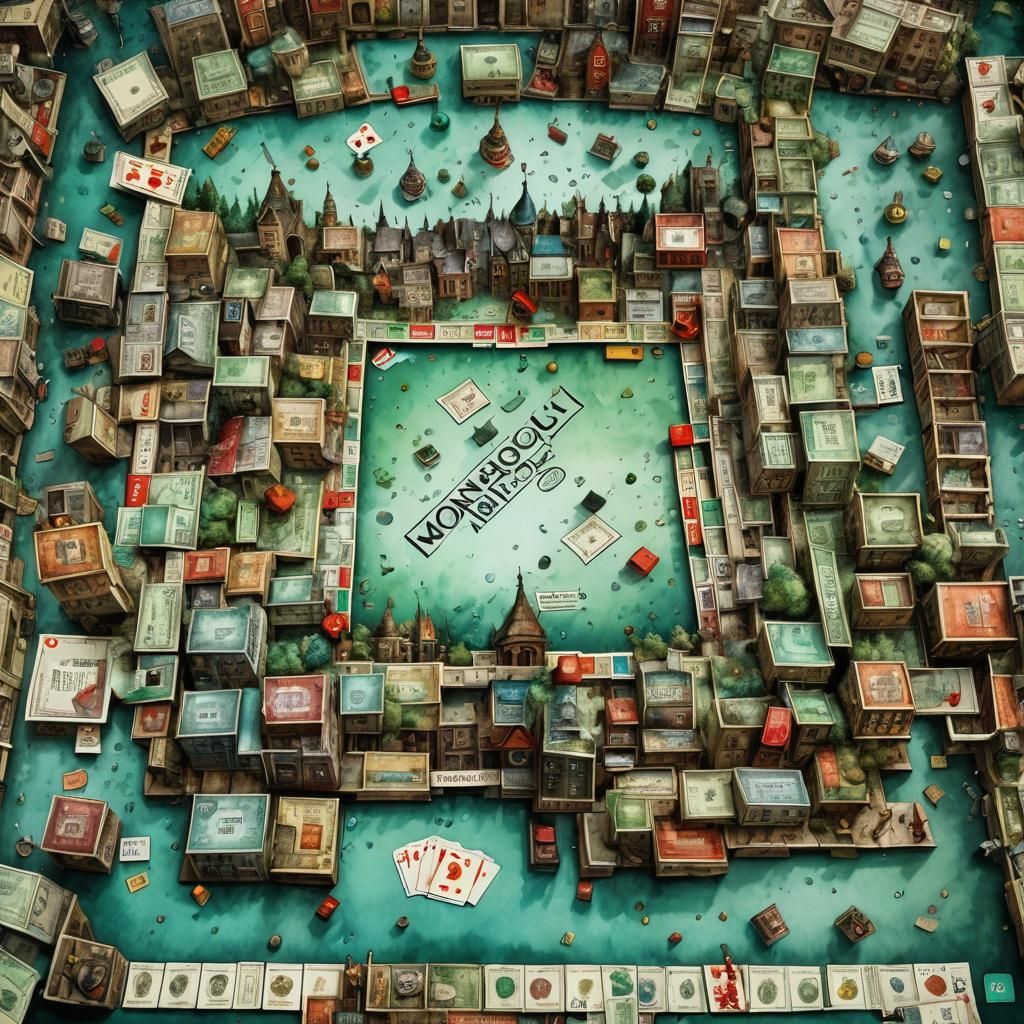 Surreal Monopoly World in Watercolor Ink Sketch