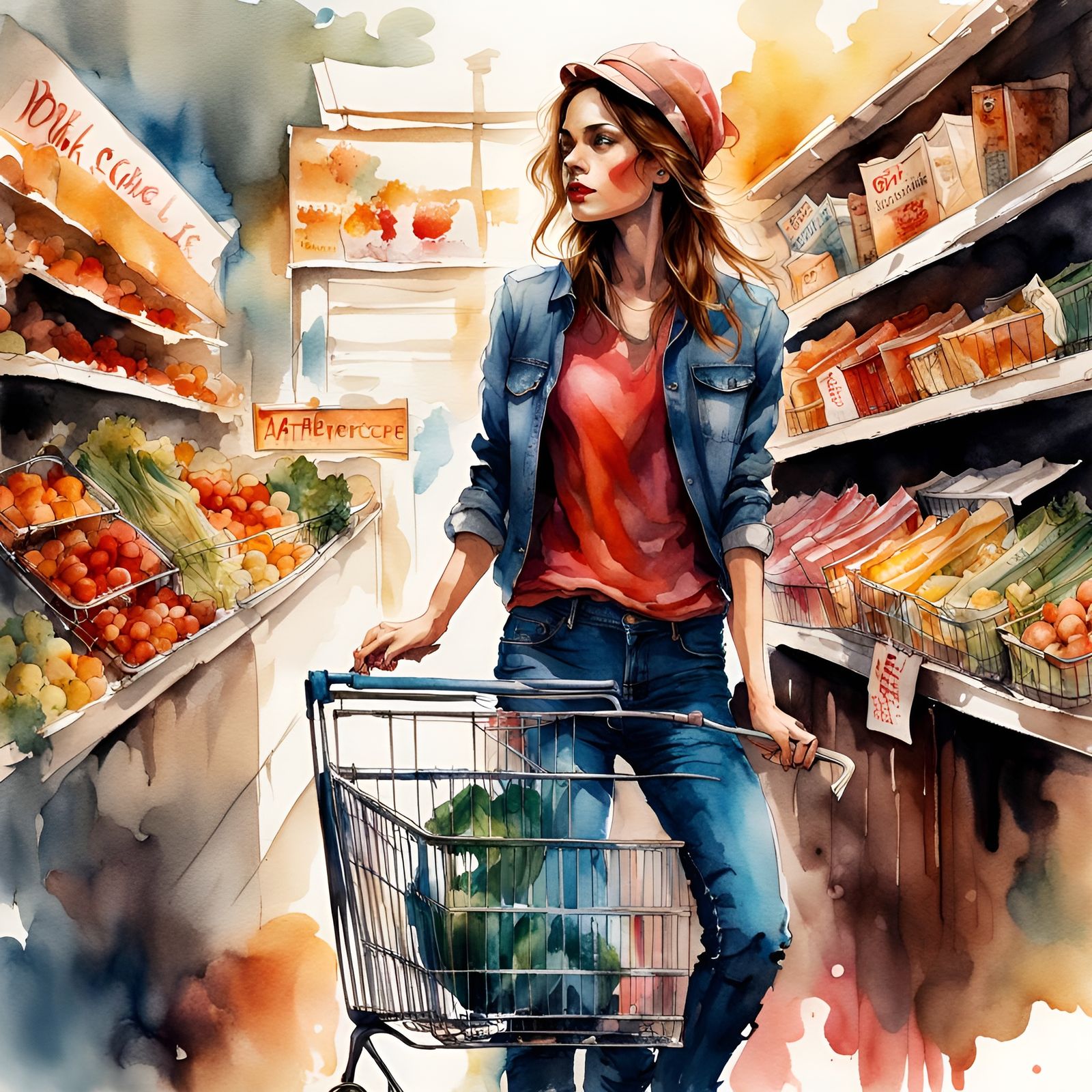 Stylish Woman Grocery Shopping, Watercolor Illustration
