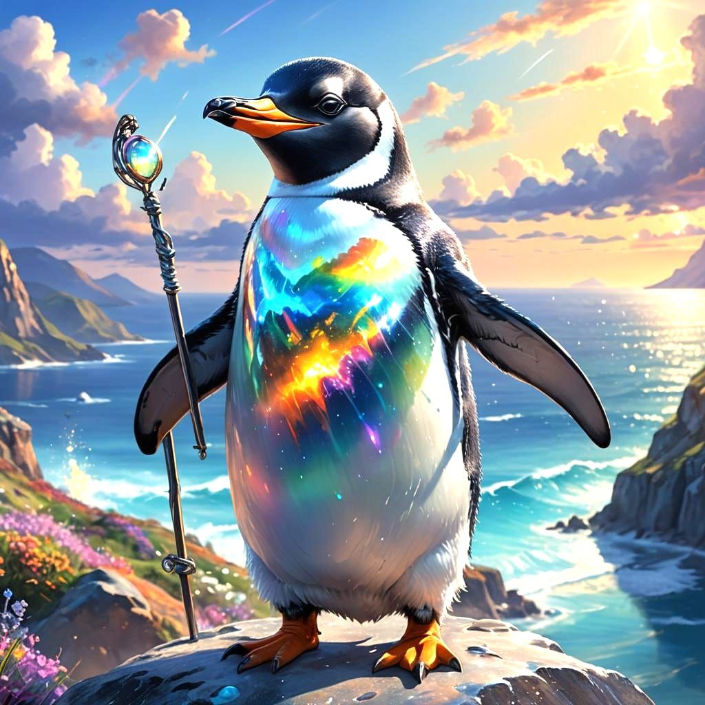 Penguin with Magical Powers in Blue Ocean