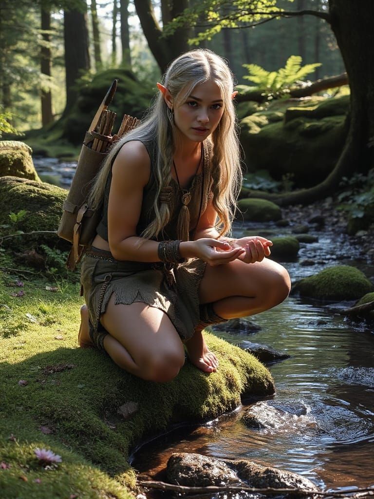 Woodland Elf Woman at Forest Stream, Detailed Oil Painting