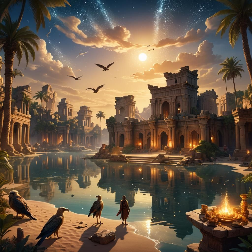 Oasis Trading Hub with Griffin in Fantasy Style