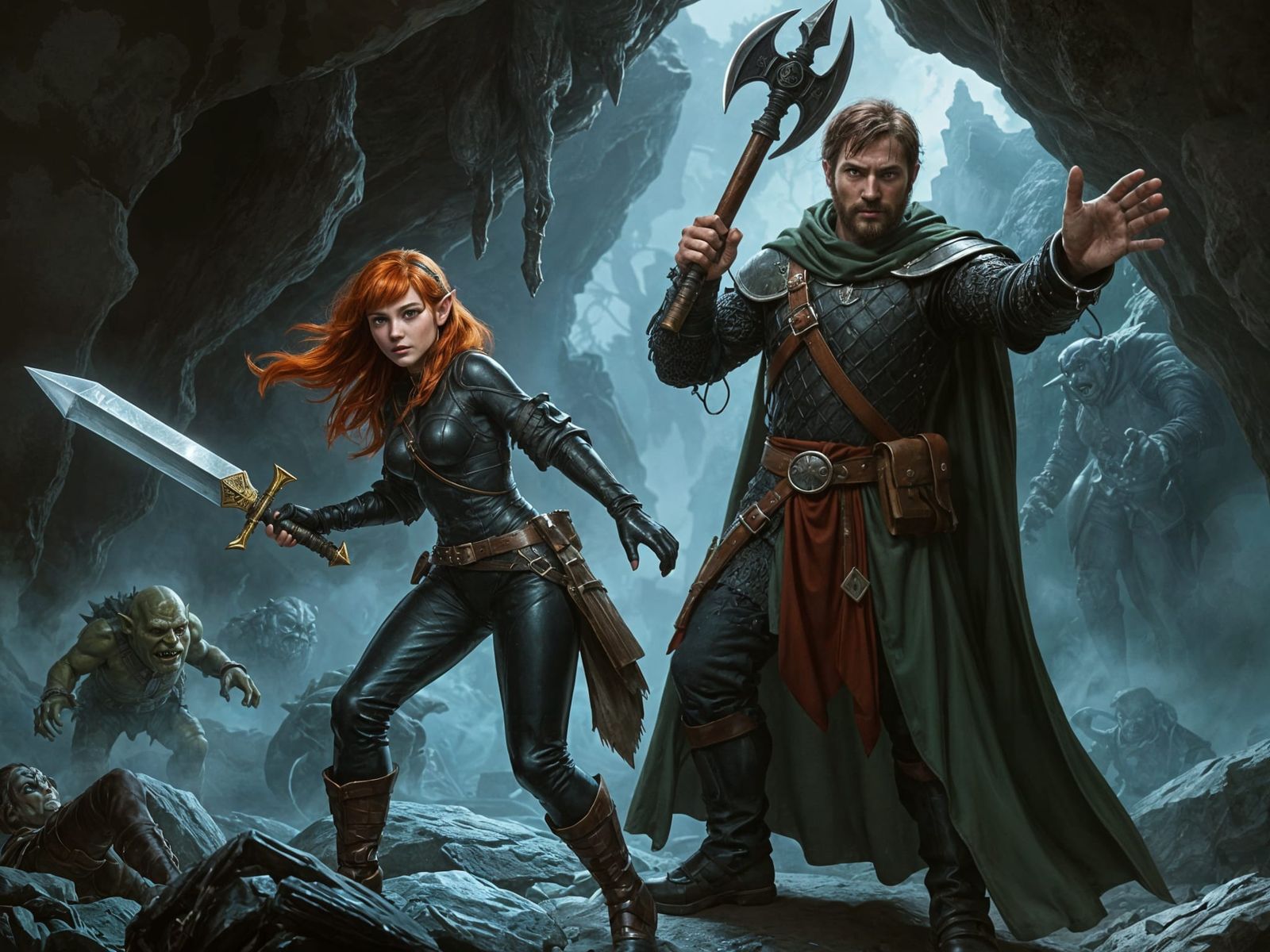 Elf and Warrior Track Goblins in Cave