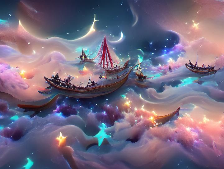 Ethereal Ship Sails Starry Dreamland Voyage