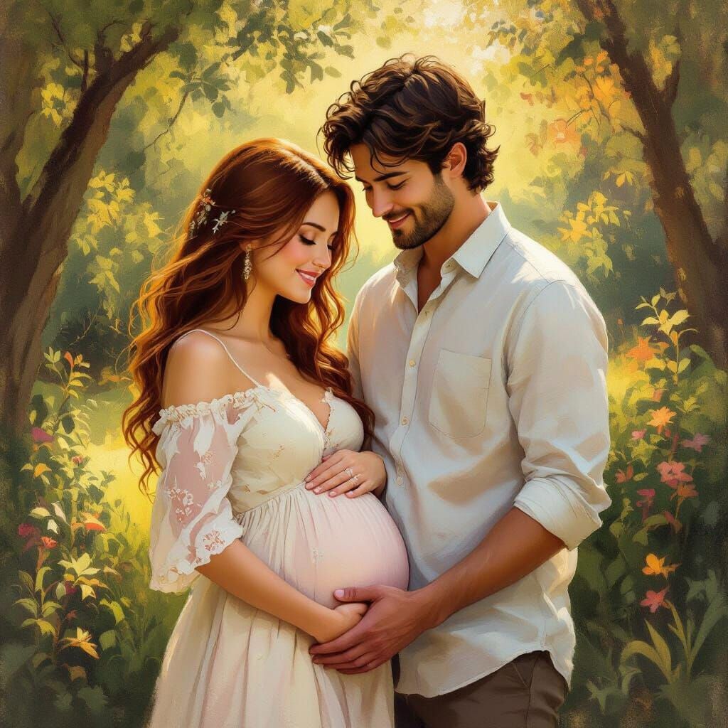 Pregnant Couple in Park Embrace Golden Hour