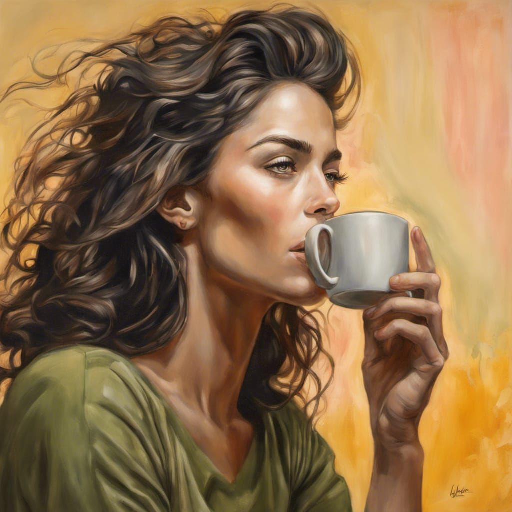 Hyperrealistic Woman Drinking Coffee in Splash Art Style