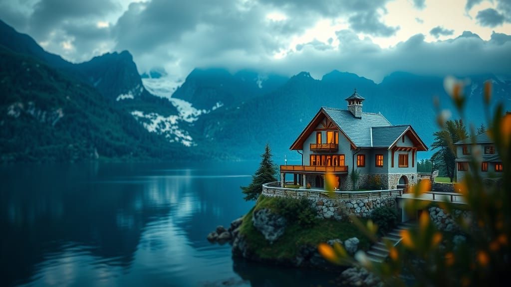 Mountain Lake Villa in Hyperrealistic Style