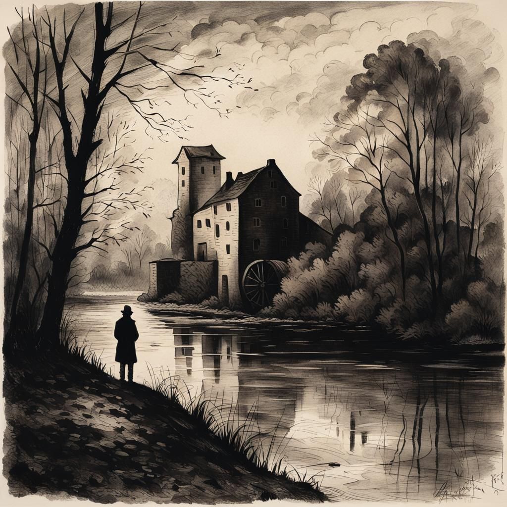 Melancholic Autumn Mill in Dark Romantic Etching