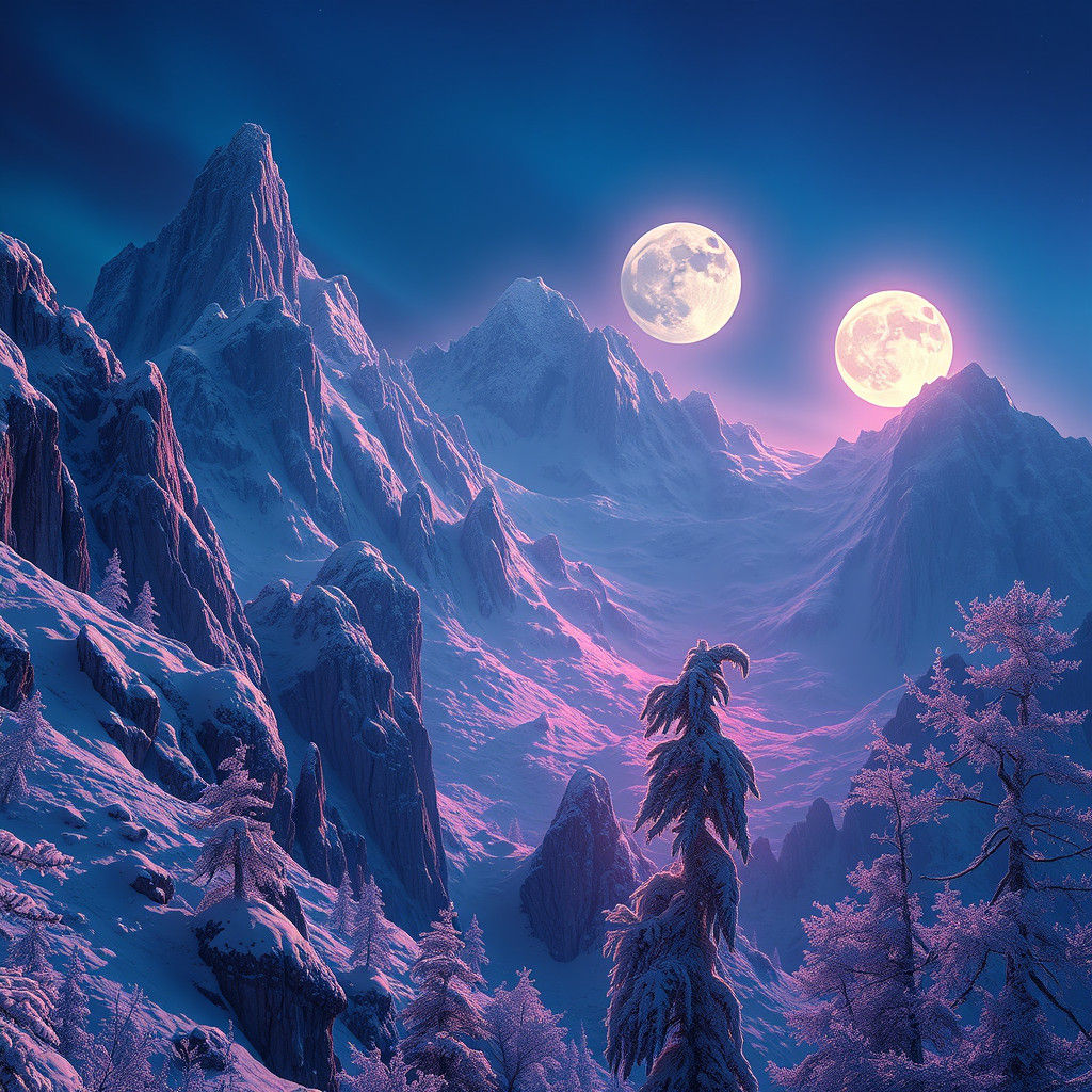 Alien Mountain Range Illuminated by Three Moons