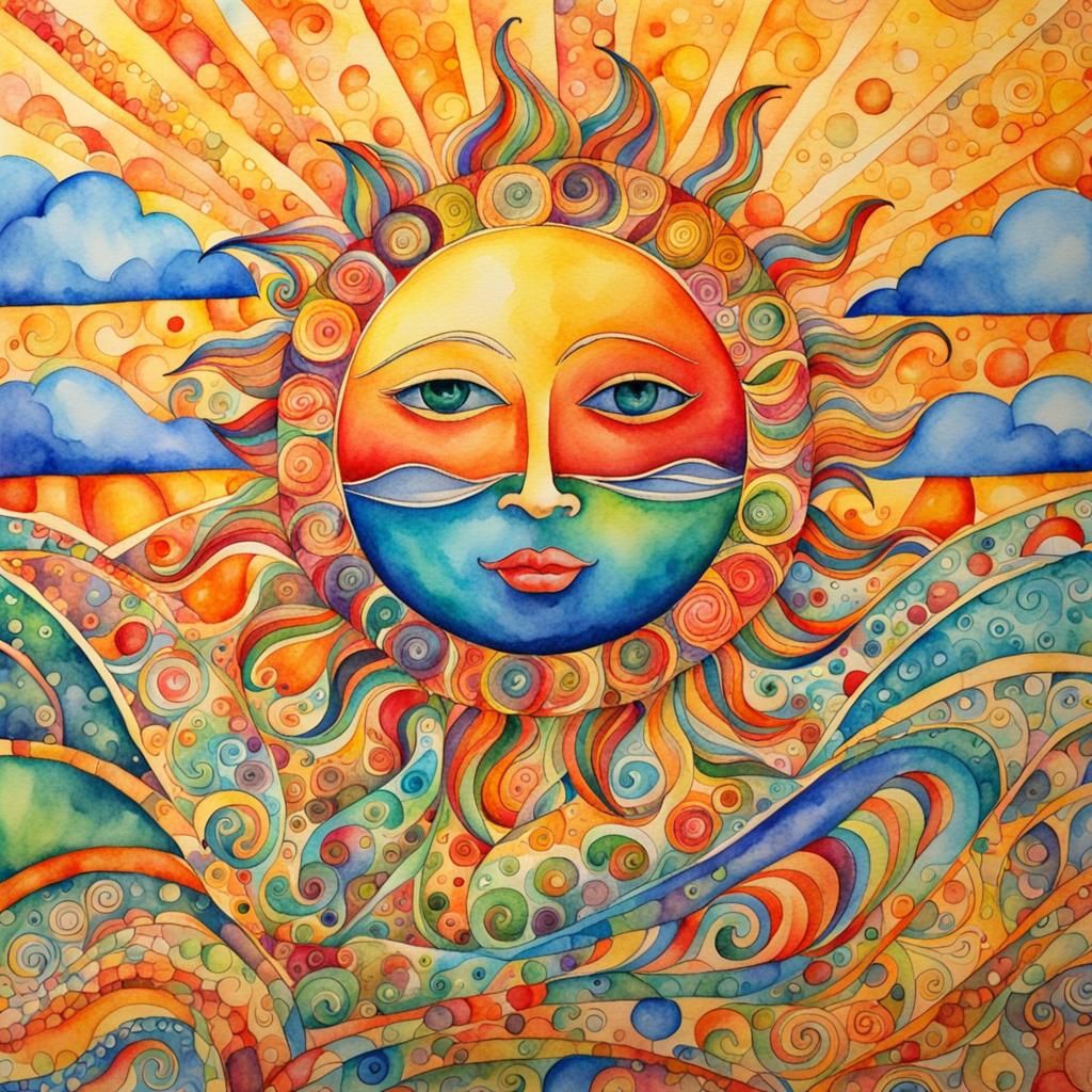 Vibrant Watercolor Sun with Intricate Patterns
