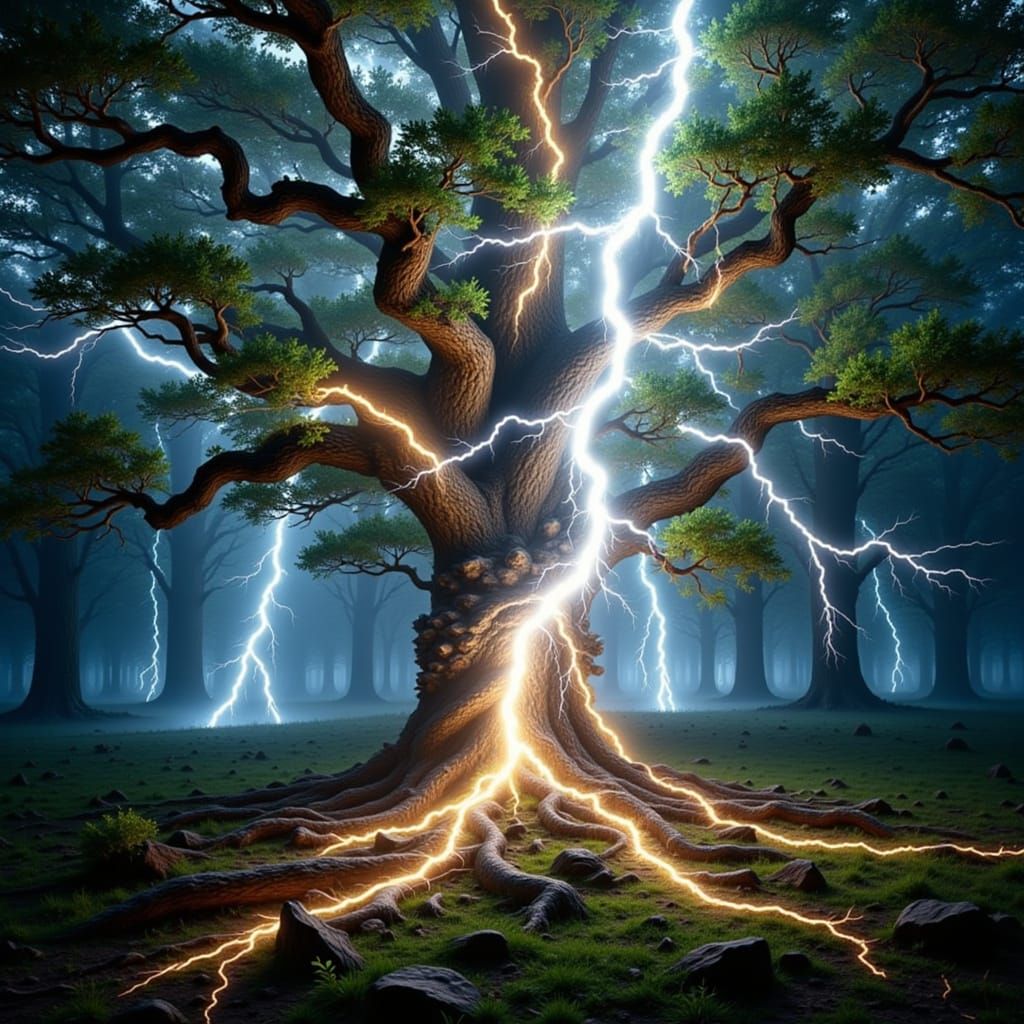 Lightning Strikes Ancient Oak in Hyperrealistic Forest Scene