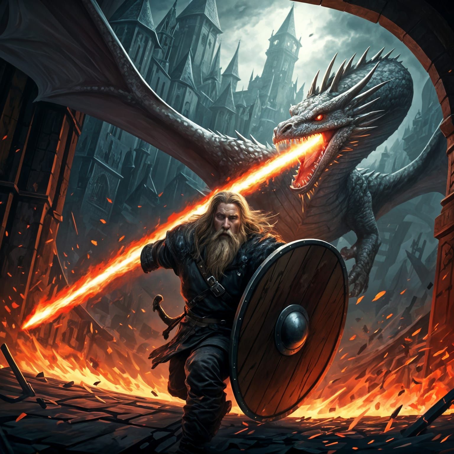 Warrior Defends Castle Bridge from Dragon Attack