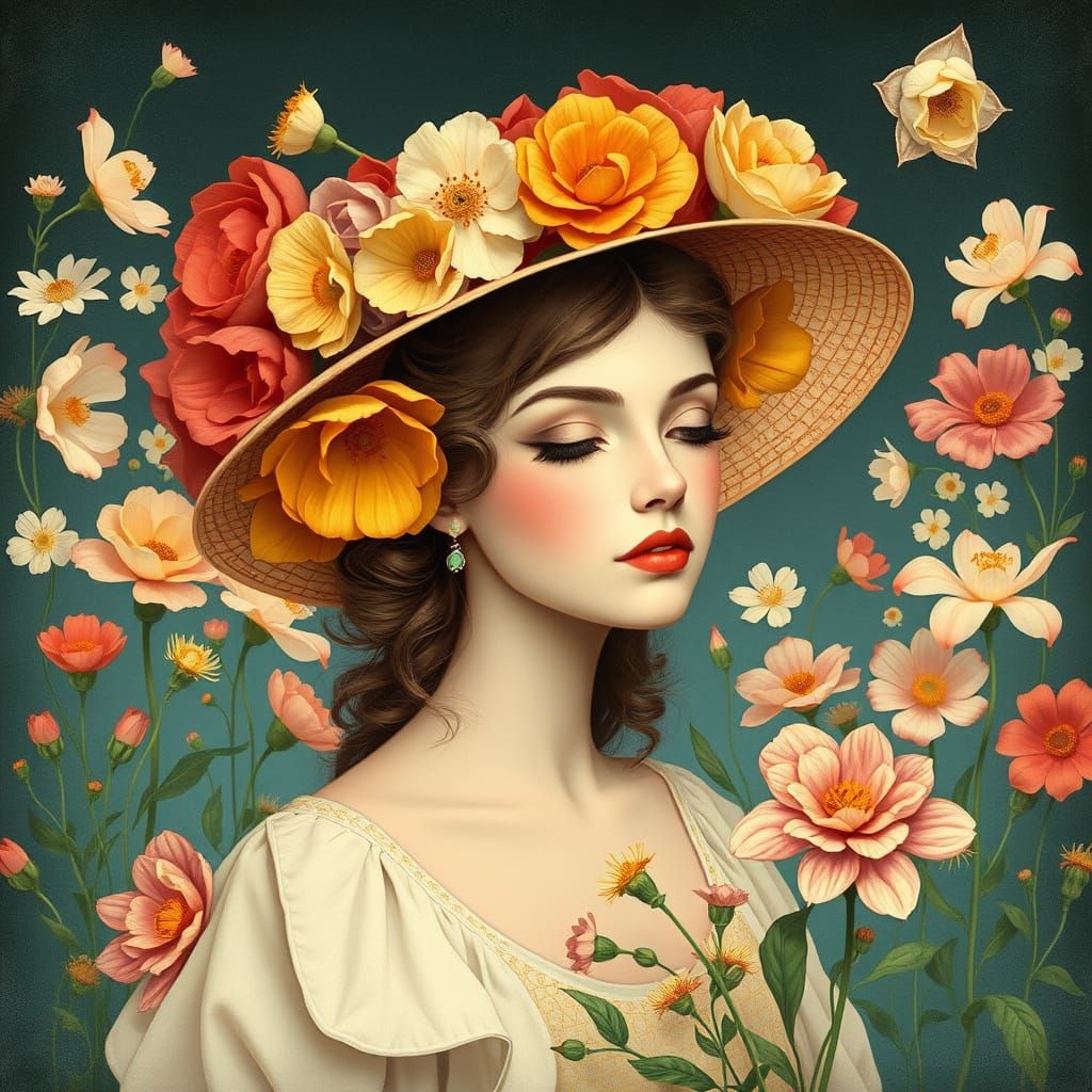 Lady in Flower Hat, Art Nouveau Style